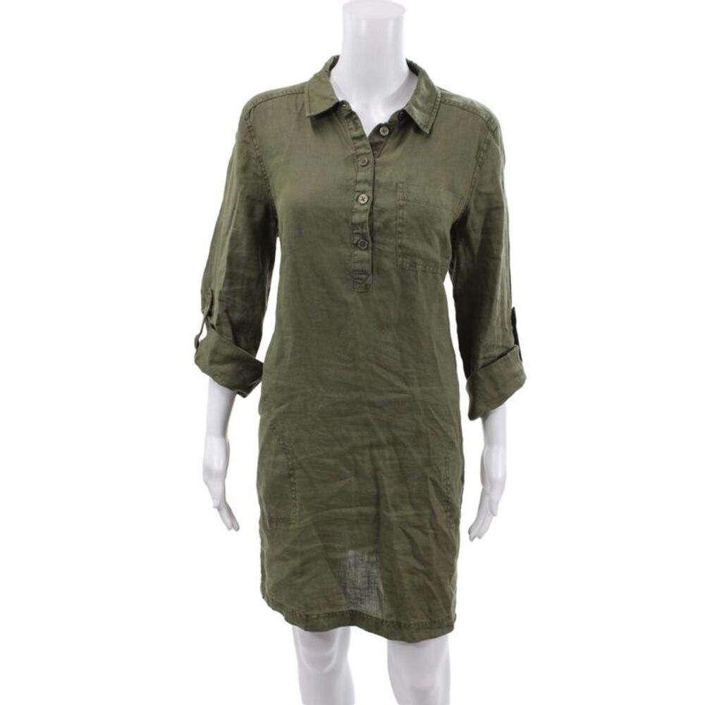 Michael Stars Women Shirt Dress Green Linen 3/4 Sleeve Collared Button Size M